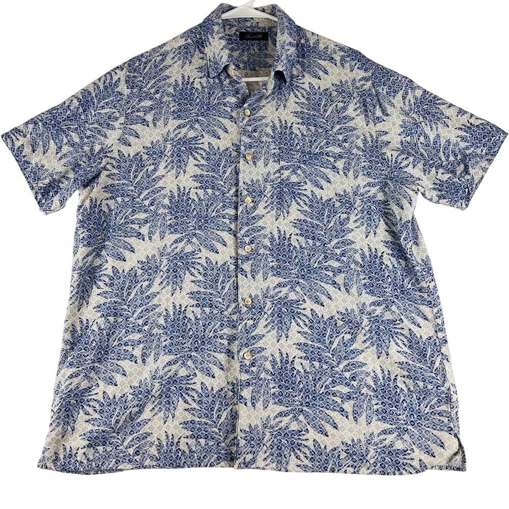 Tasso‎ Elba Button Down Shirt Mens Large (L) Blue Silk Blend Tropical Pineapple